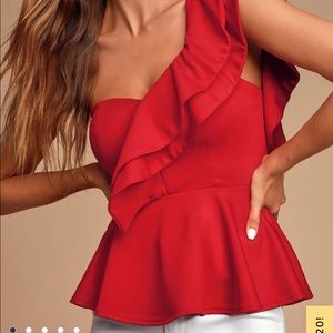 Lulu’s “Gas Up Red One-Shoulder Ruffled
Peplum Top”